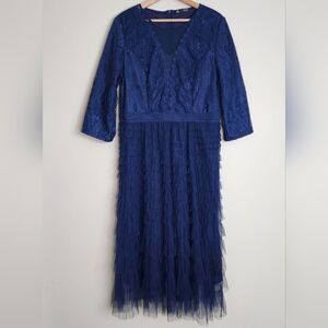 Anewsta Elegant Navy Blue Lace Quarter Sleeve Tiered Tulle Maxi Dress XL Wedding